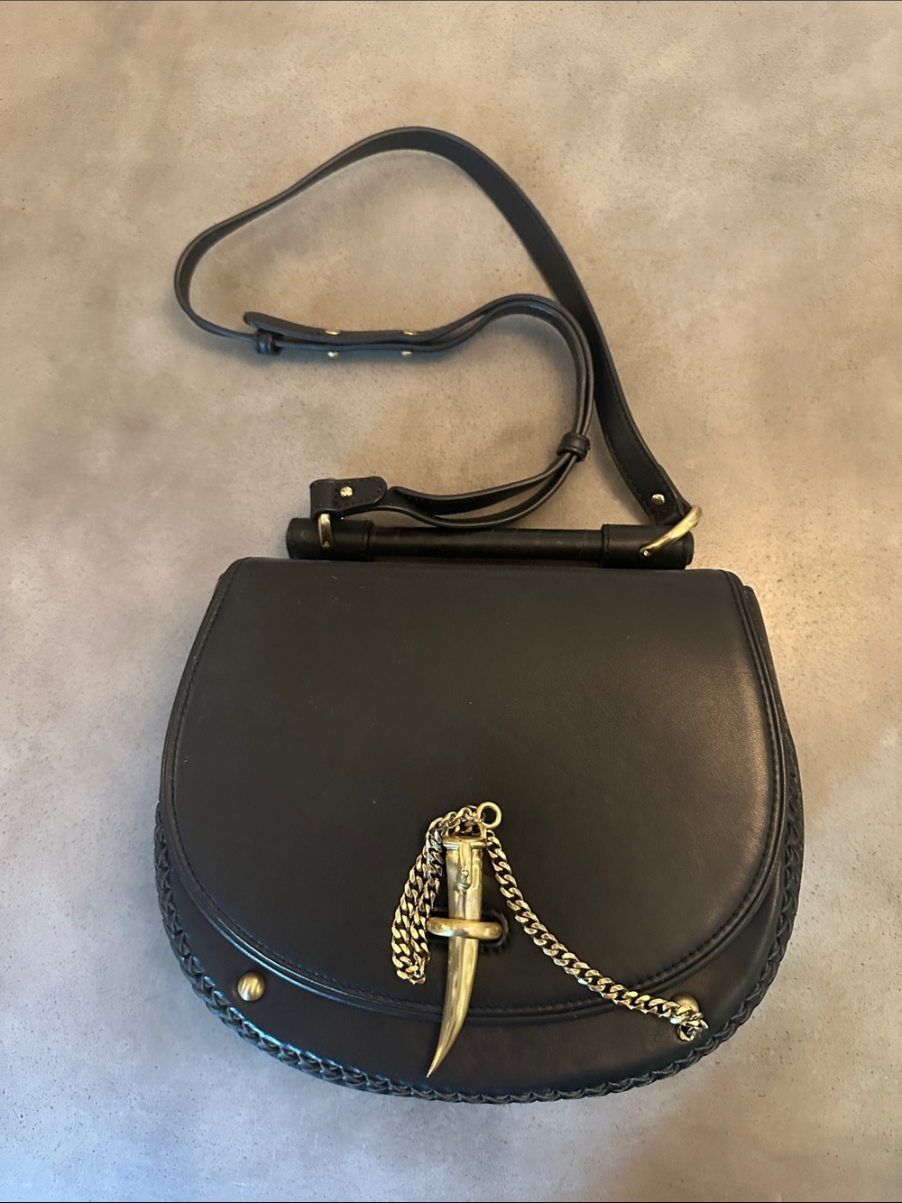 SANCIA Black Leather Saddle Bag with Gold Horn Charm